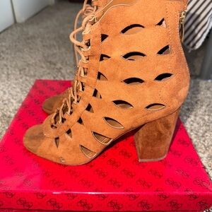 Guess Tan Cutout Lace-Up Heeled Boots